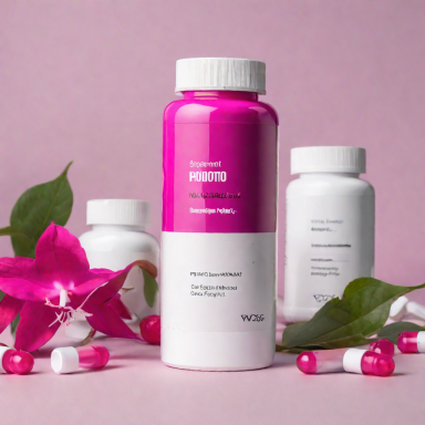 Botellas de suplementos en tonos rosa y blanco, rodeadas de hojas y flores.